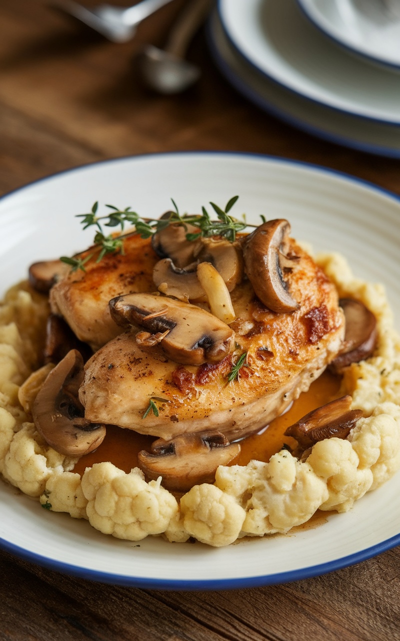 Savory chicken with mushrooms and onions served on a plate with mashed cauliflower.