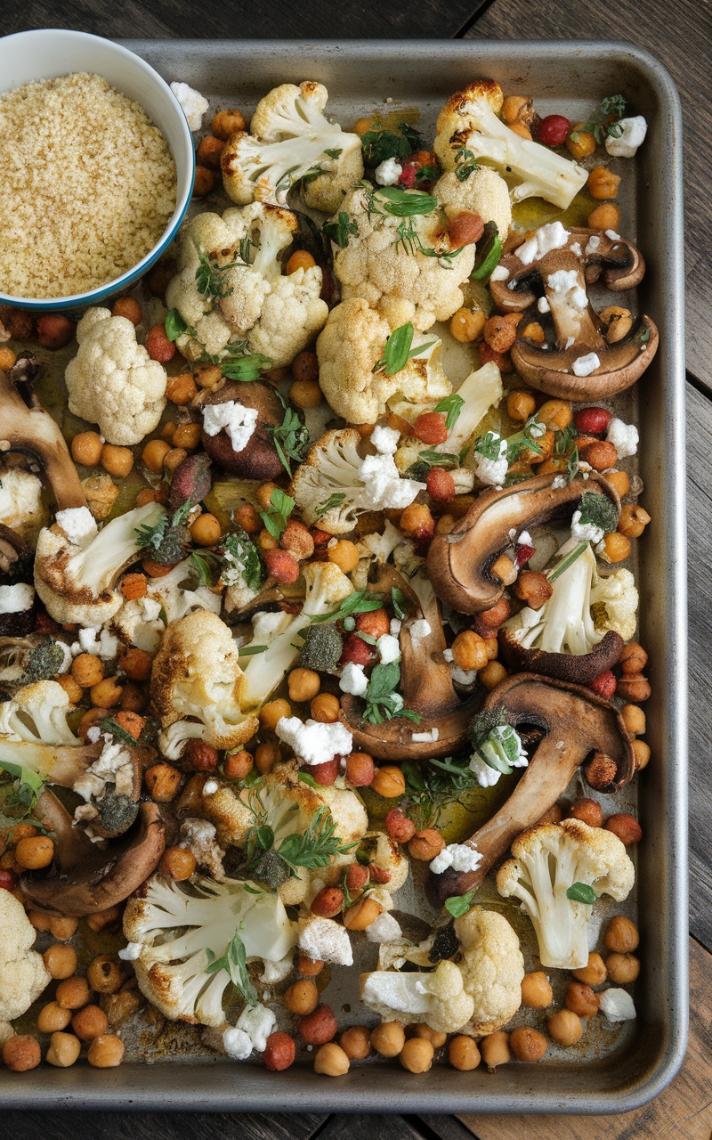 Roasted cauliflower and mushrooms on a sheet pan with chickpeas and feta, served with couscous.