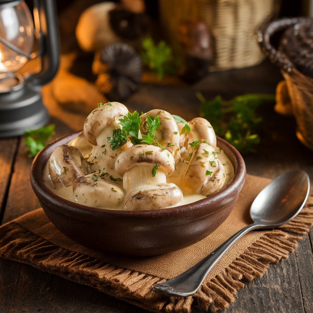 A bowl of creamy garlic parmesan mushrooms garnished with parsley.