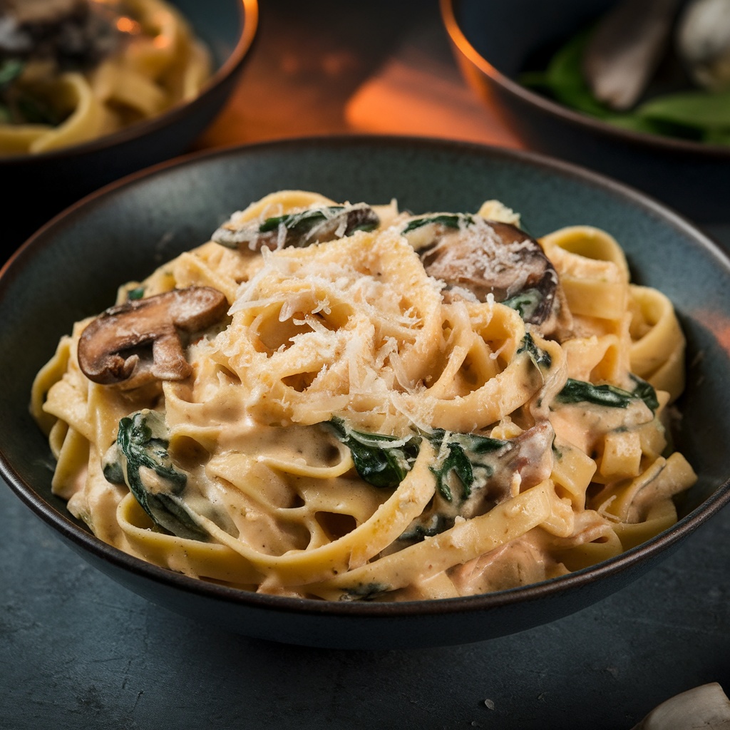 A bowl of creamy garlic parmesan pasta with spinach and mushrooms.