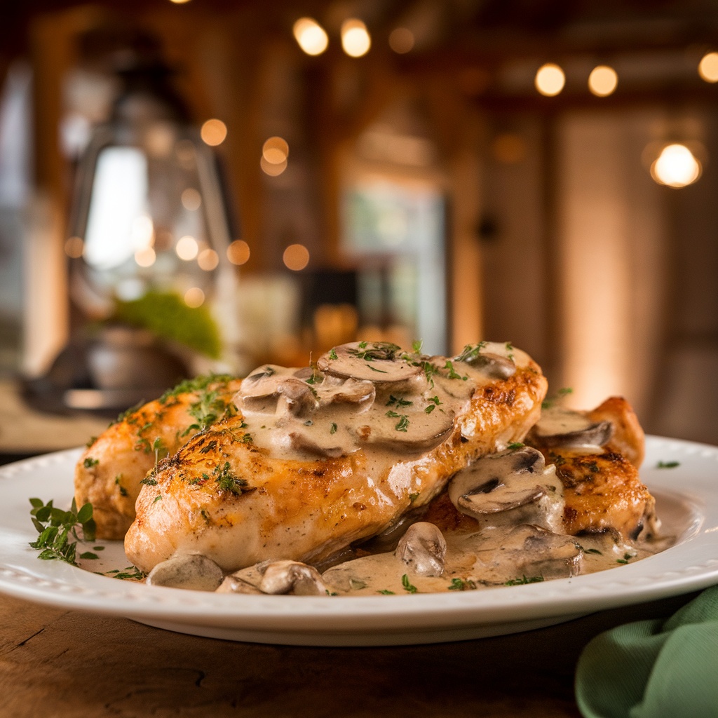 Creamy chicken dish with mushrooms on a plate