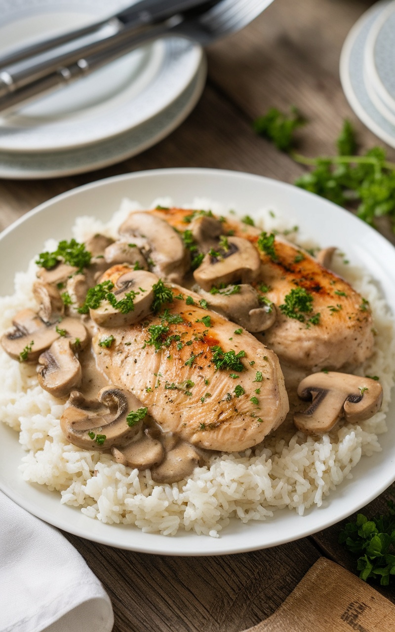 Creamy chicken and mushroom skillet served over rice, garnished with parsley.