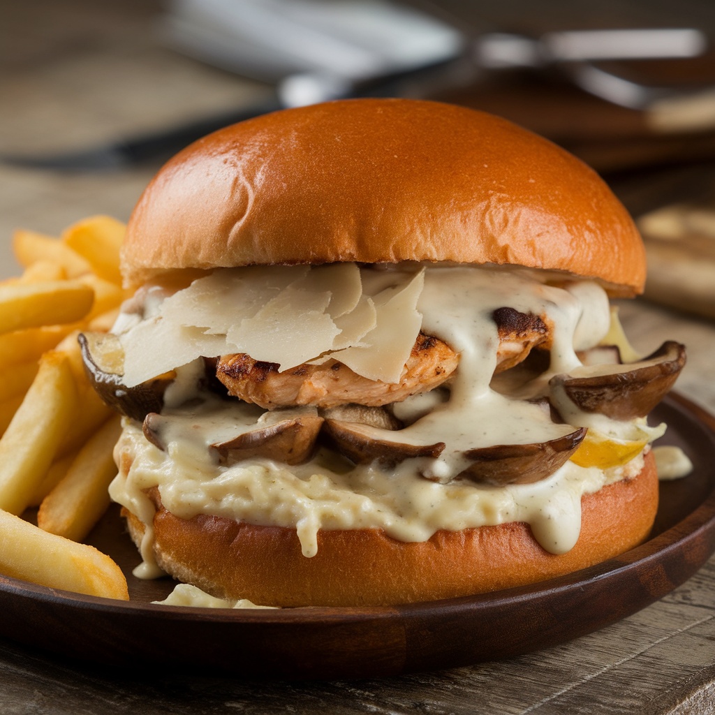 A gourmet chicken burger with creamy garlic sauce and mushrooms, served with fries.