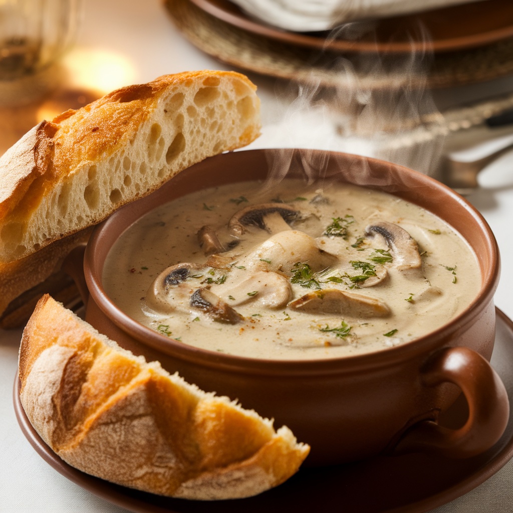 A steaming bowl of creamy garlic mushroom soup with a side of crusty bread
