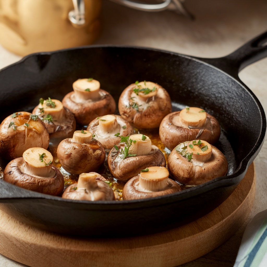Savory garlic butter mushrooms in a skillet.