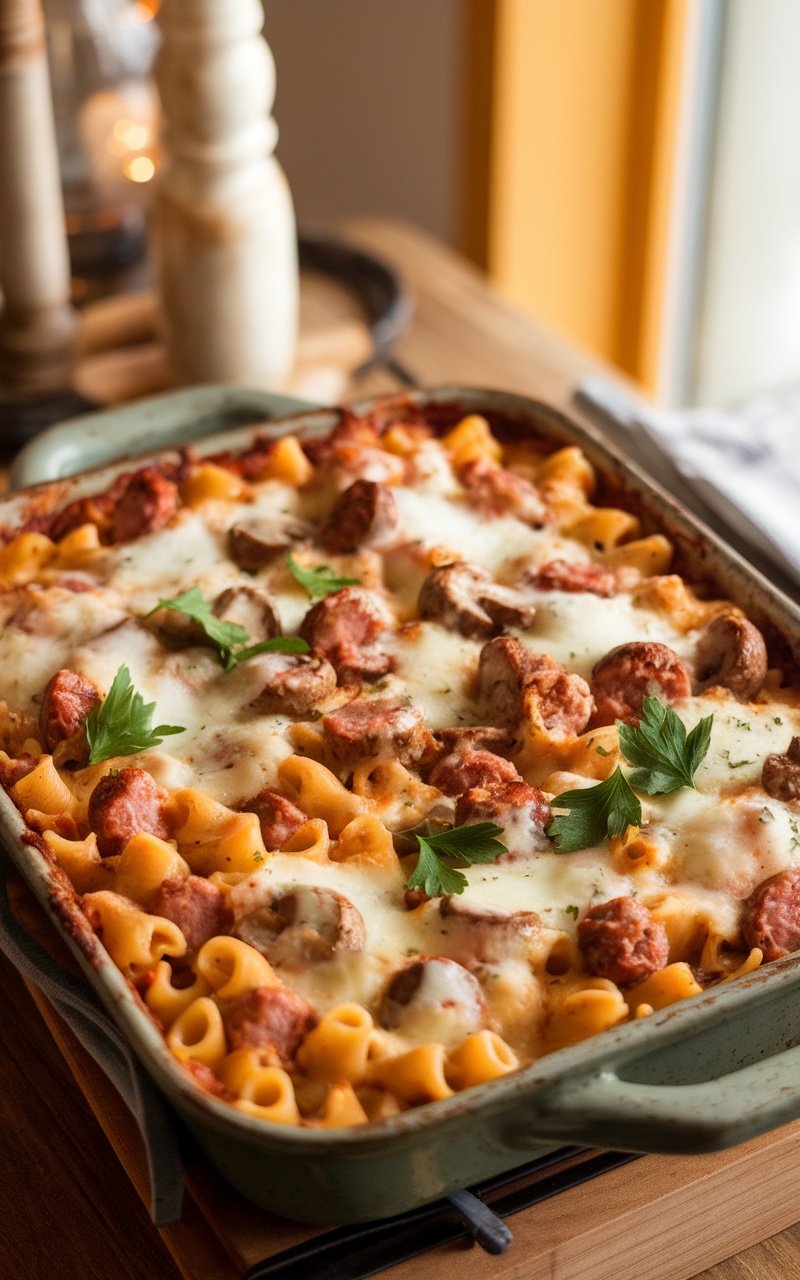 A comforting Sausage and Mushroom Pasta Bake with golden cheese, sausage, and mushrooms, garnished with parsley, on a wooden table.