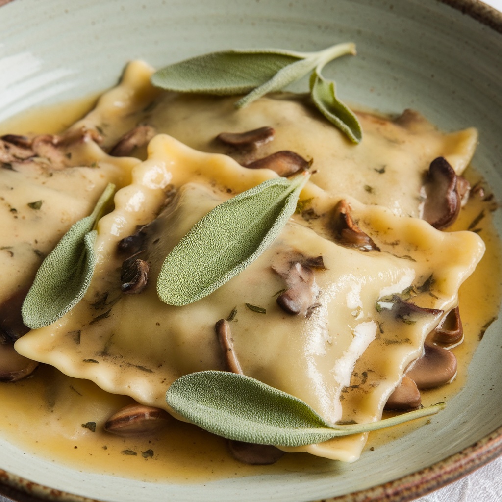 Wild mushroom ravioli served with brown butter sage sauce