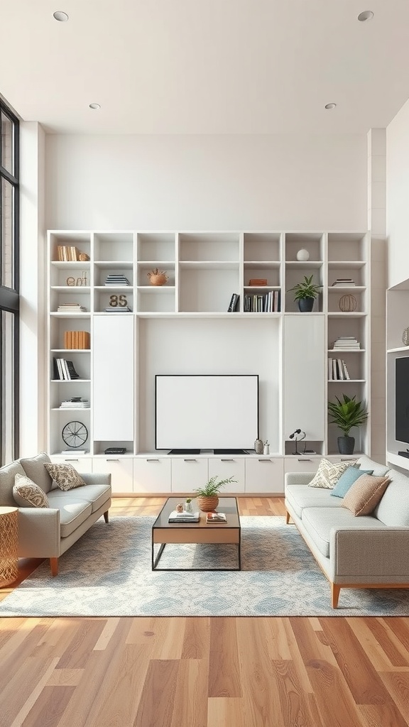 A modern living room featuring built-in white shelving, a TV, and stylish furniture on a wooden floor.