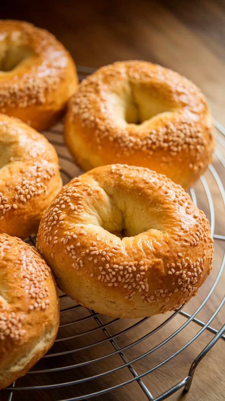 Freshly baked sesame bagels on a cooling rack