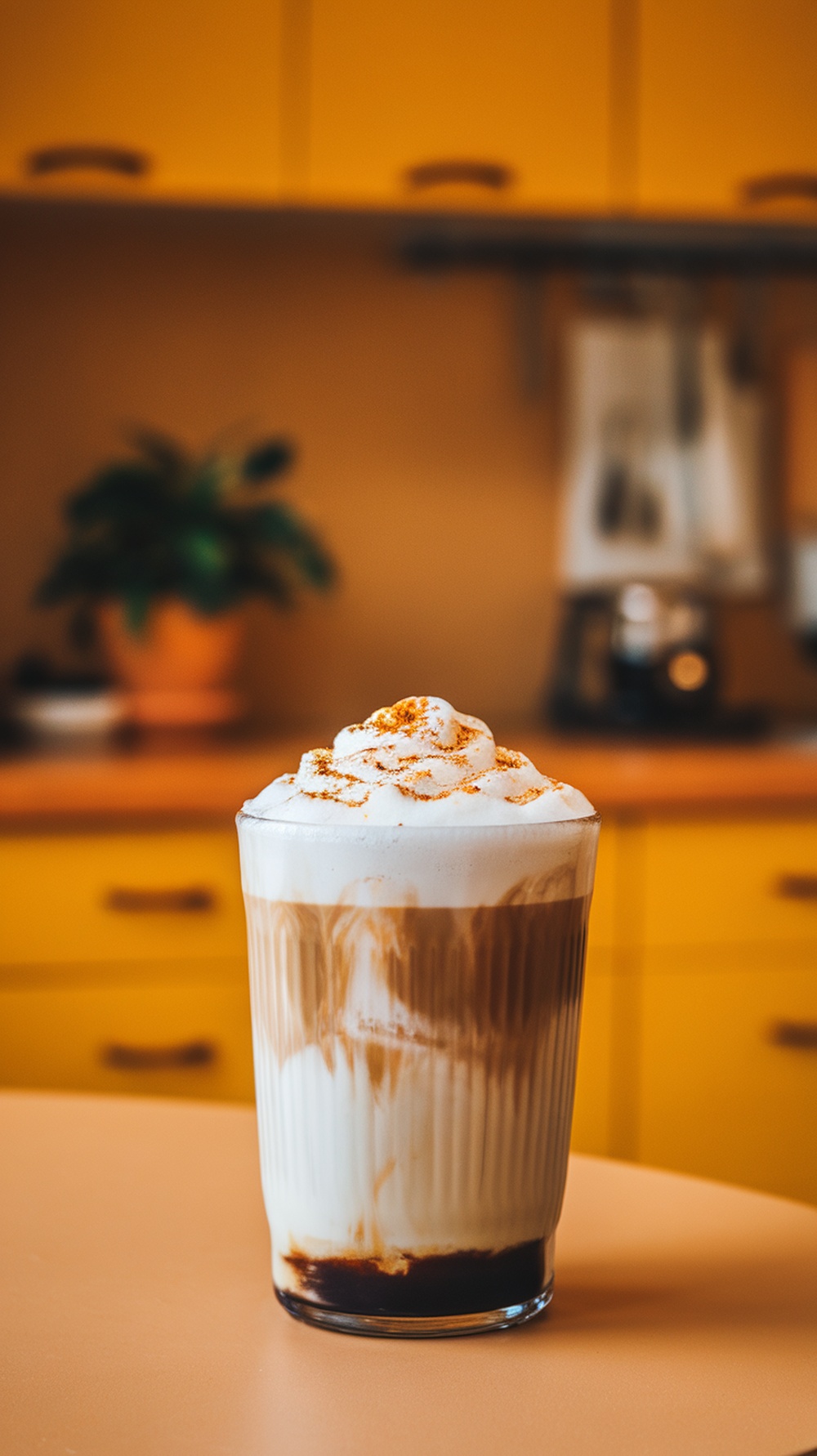 A glass of Chai Coffee Frost topped with whipped cream and spices.