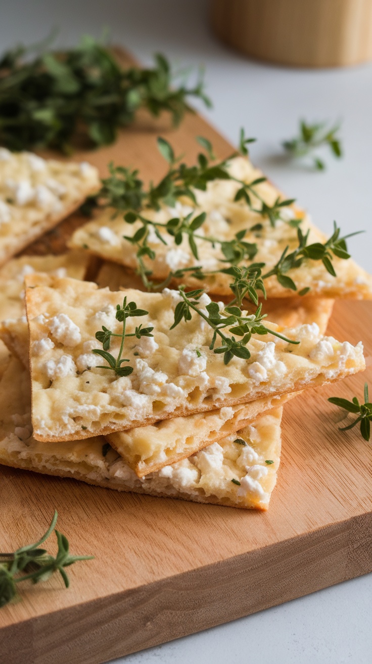 Cottage cheese flatbread topped with herbs on a wooden board