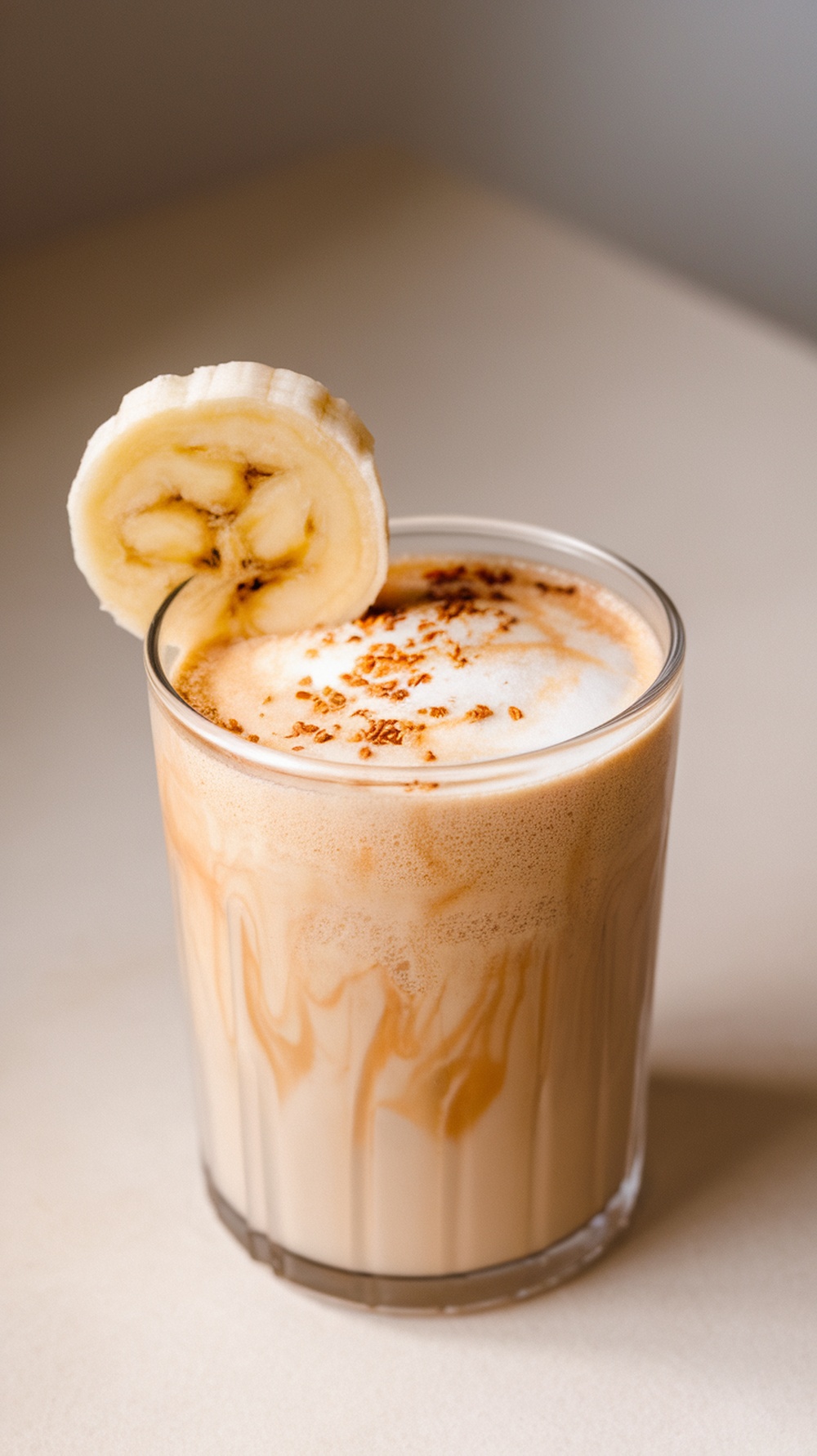 A glass of Espresso Banana Freeze topped with a banana slice and sprinkled with cinnamon.