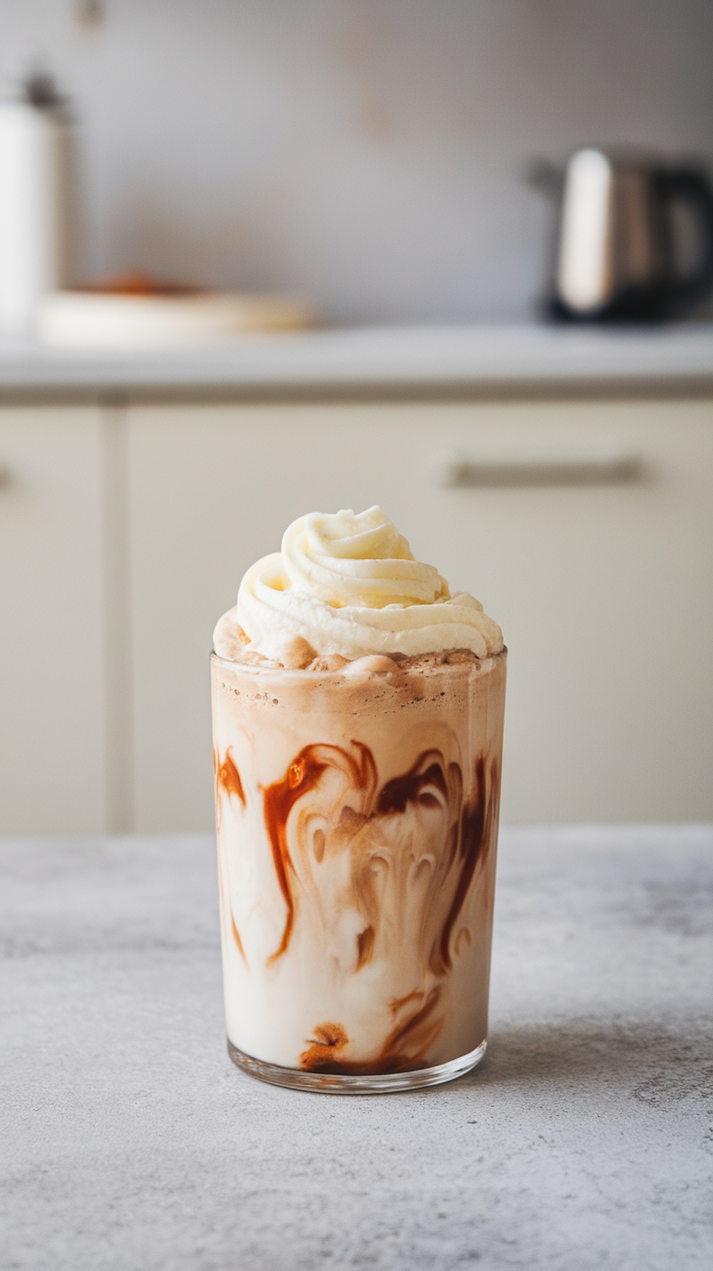 A frosty glass of frozen white chocolate coffee topped with whipped cream.