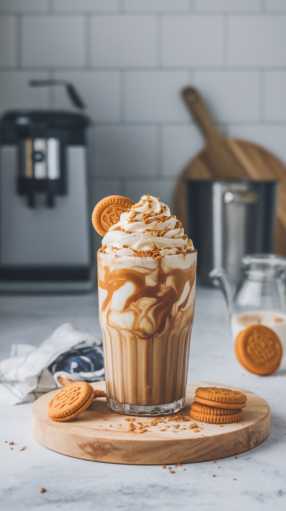A tall glass of iced coffee biscoff shake topped with whipped cream and Biscoff cookie crumbles.