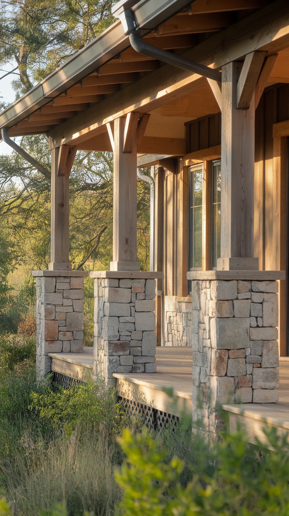 Cedar posts paired with natural stone columns on a porch