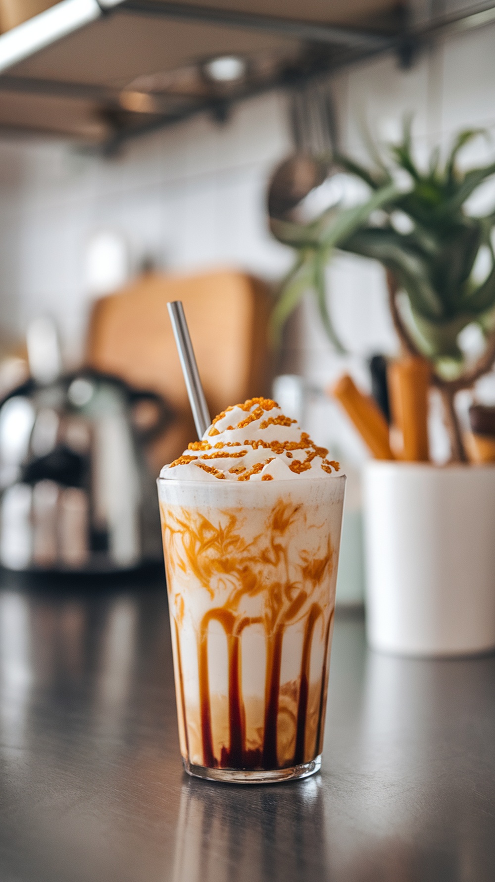 A delicious Salted Caramel Pretzel Frappe with whipped cream and caramel drizzle.