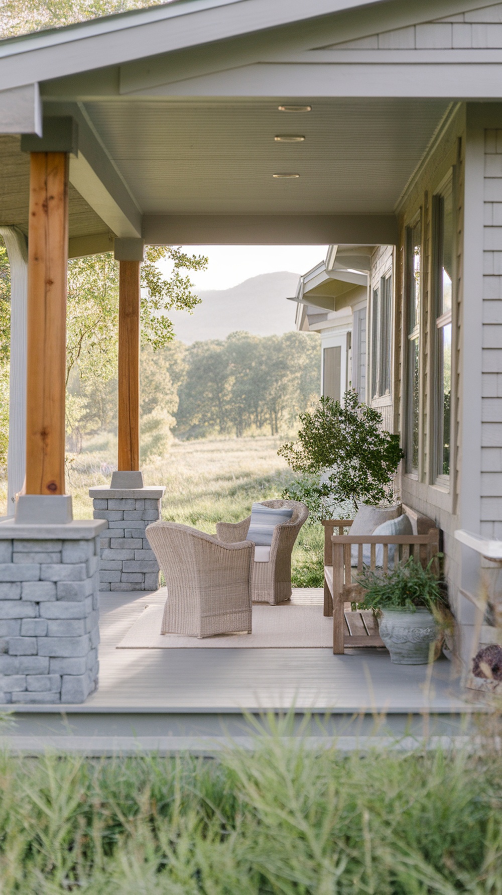 A porch featuring cedar posts and gray stone with wicker chairs and a wooden bench.