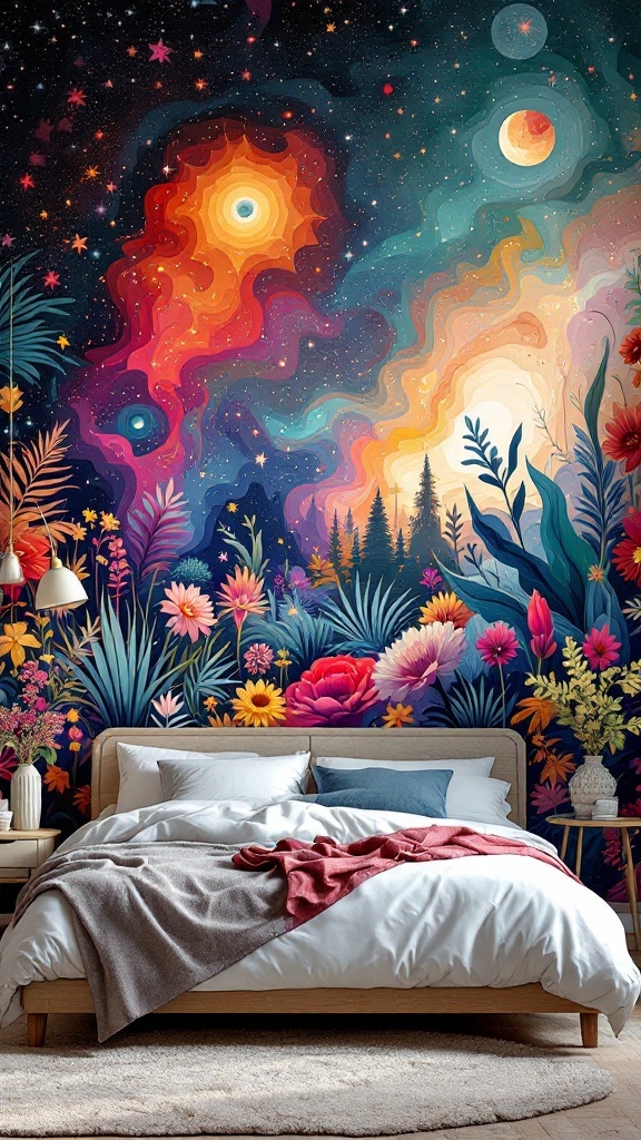 A colorful mural featuring flowers and cosmic elements in a teen bedroom setting.