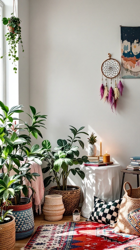 A cozy Bohemian chic bedroom corner featuring colorful textiles, plants, and a dreamcatcher.