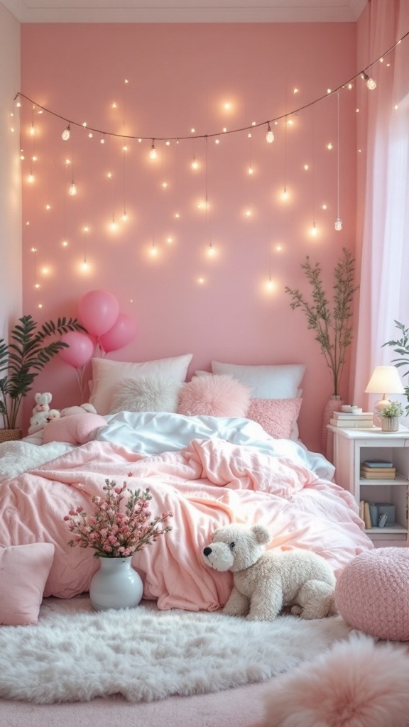 A cozy teen bedroom decorated in bright pastels with string lights, soft bedding, and cute accessories.