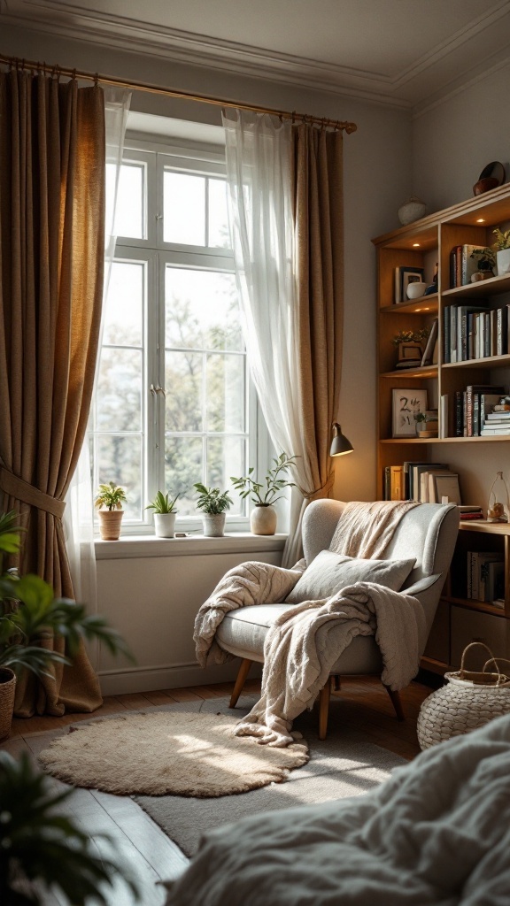 Cozy reading nook with an armchair, blanket, and bookshelf near a window