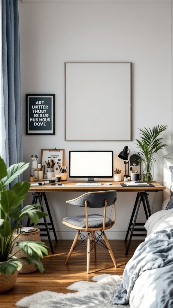 A stylish workspace corner in a teen bedroom featuring a wooden desk, ergonomic chair, plants, and organized stationery.