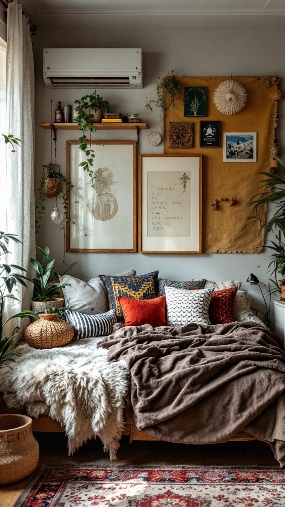 Cozy teen bedroom featuring cultural fusion decor with layered textures, plants, and diverse artwork.