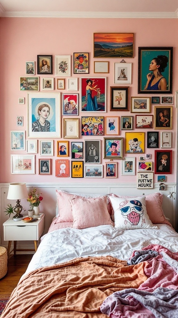 A cozy bedroom featuring an eclectic gallery wall with various framed artworks on a pink wall.