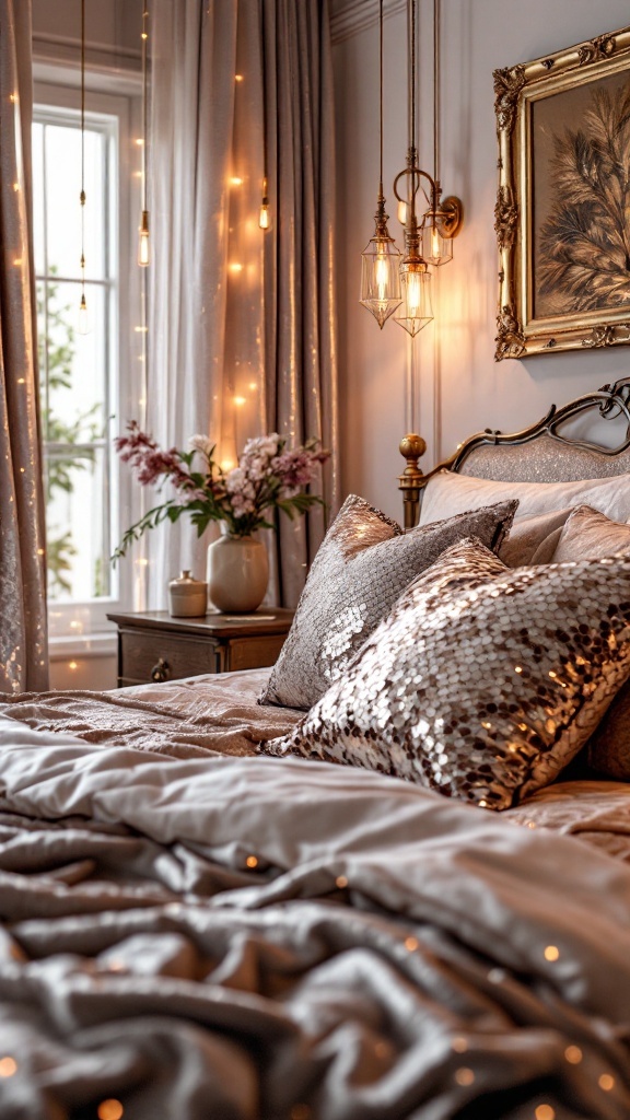 Cozy bedroom featuring metallic sequin pillows, warm lighting, and floral decor.