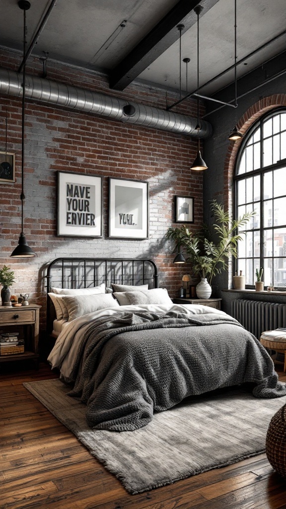 A cozy industrial style teen bedroom featuring a black metal bed frame, layered bedding, exposed brick walls, and large windows.