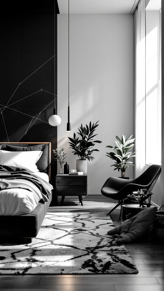 A stylish minimalist monochrome bedroom featuring a black bed, white walls, and plants.