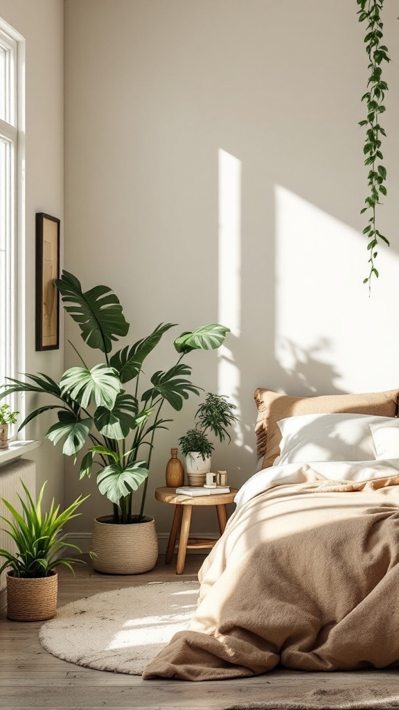 A serene bedroom with natural elements, featuring plants and soft bedding.