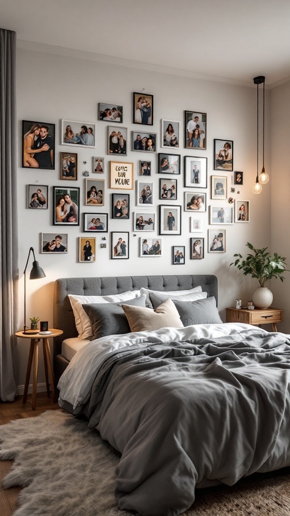 A cozy teen bedroom with a personalized photo display on the wall, featuring multiple framed photos and soft bedding.