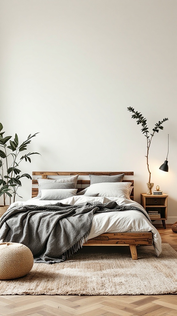 A cozy teen bedroom featuring a reclaimed wood bed, soft bedding, and plants.