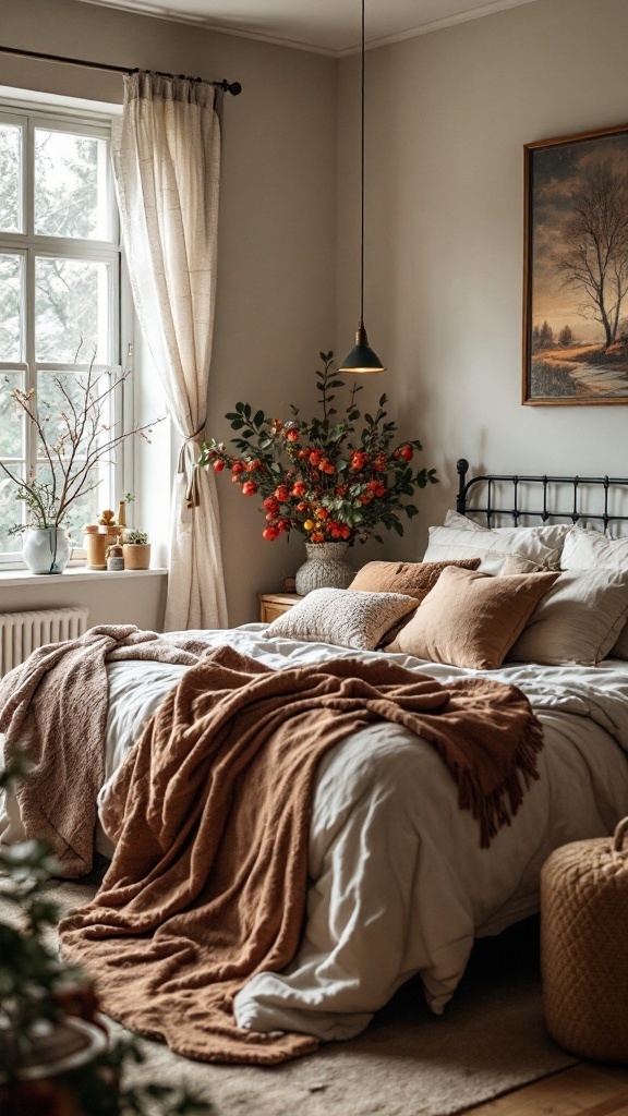 Cozy bedroom with warm tones and natural decor, perfect for seasonal rotations.