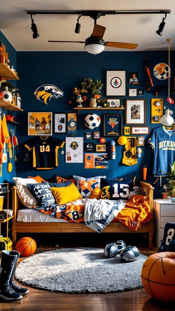 A sporty teen bedroom featuring blue walls, jerseys, sports equipment, and a cozy bed.