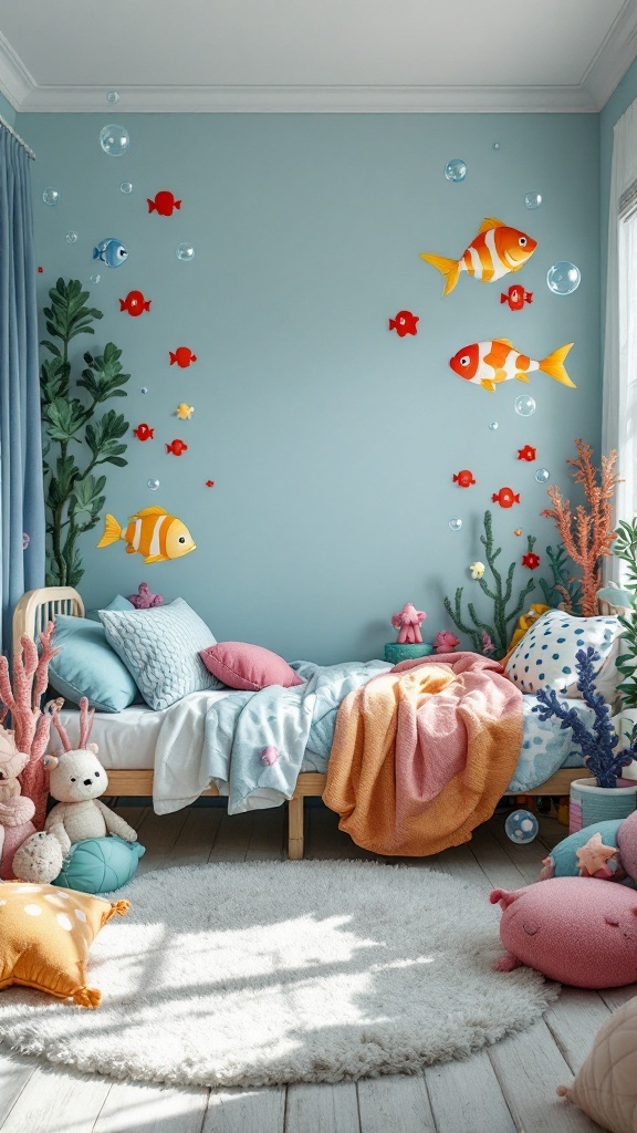 A stylish teen bedroom featuring an under-the-sea theme with colorful fish, plush pillows, and cozy bedding.