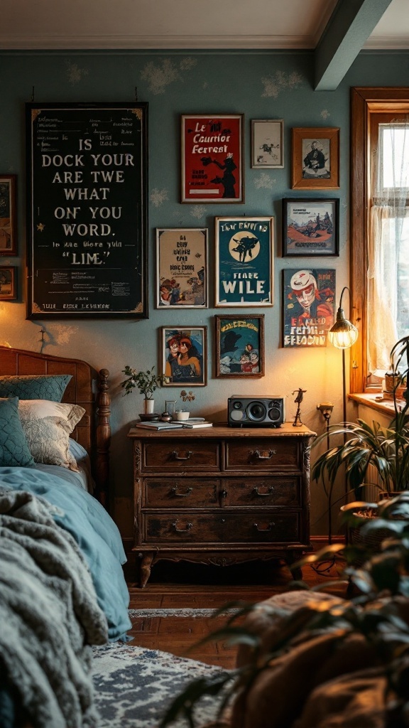 A vintage styled teen bedroom with retro decor, featuring posters on the walls, a wooden nightstand, and soft bedding.