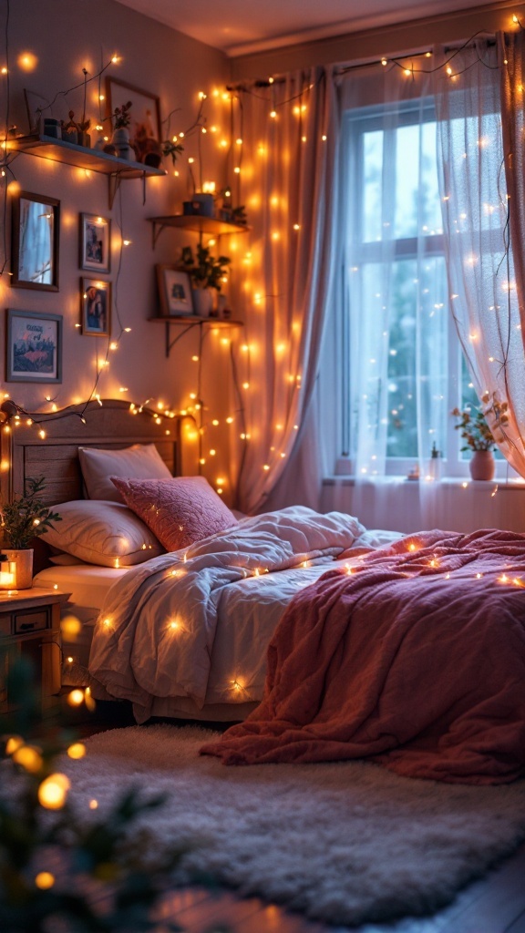 A cozy teen bedroom with fairy lights decorating the walls, a bed with soft blankets, and a warm atmosphere.