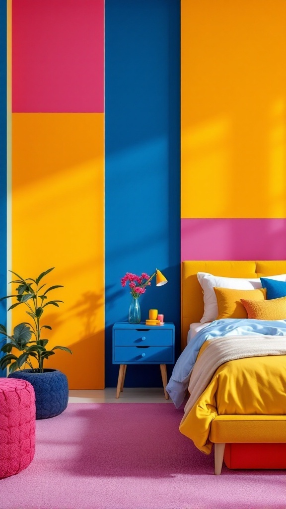 A colorful teen bedroom featuring vibrant yellow, blue, and pink walls with a cozy bed and stylish decor.