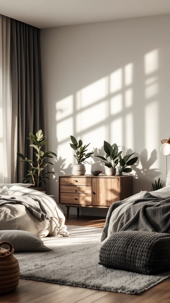 A stylish bedroom with two beds, greenery, and natural light, showcasing a balance of masculine and feminine decor.