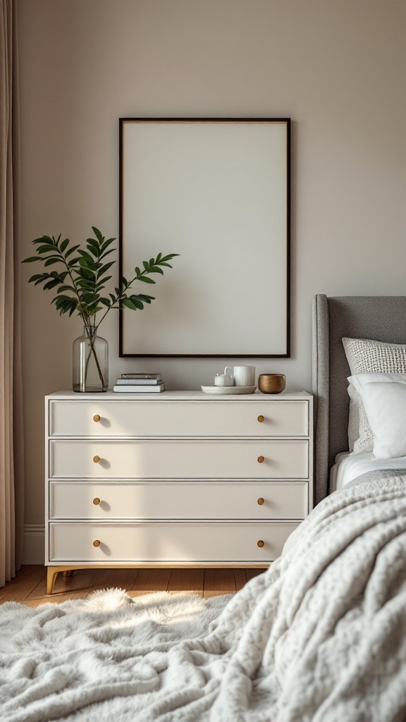 Chic bedroom featuring a stylish dresser with golden knobs, a vase with greenery, and a cozy bedding setup.