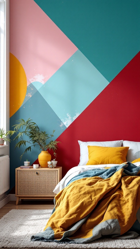 A stylish bedroom featuring a colorful accent wall with geometric shapes in teal, red, pink, and yellow.