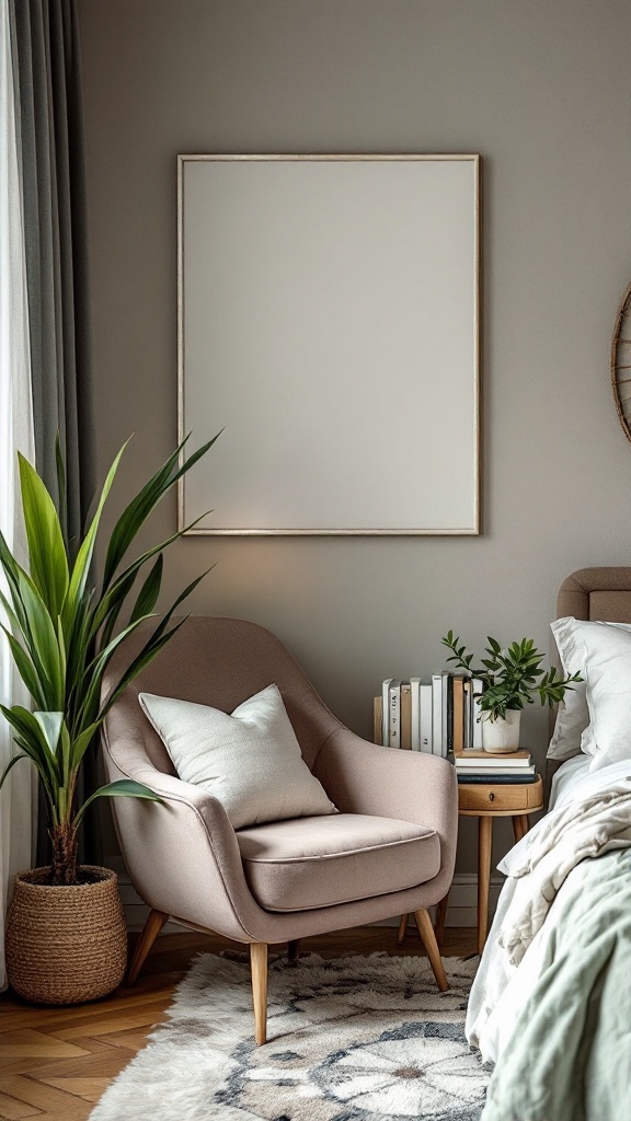 A cozy reading nook in a stylish bedroom featuring a soft chair, potted plants, and a small bookshelf.