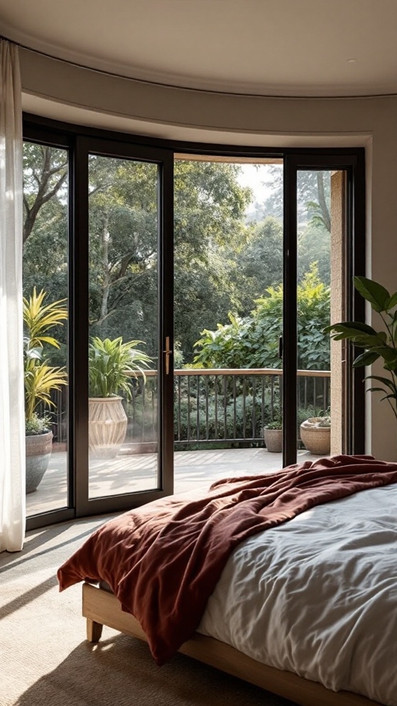 Stylish bedroom with large glass doors opening to a green outdoor space, featuring a wooden bed and cozy decor.