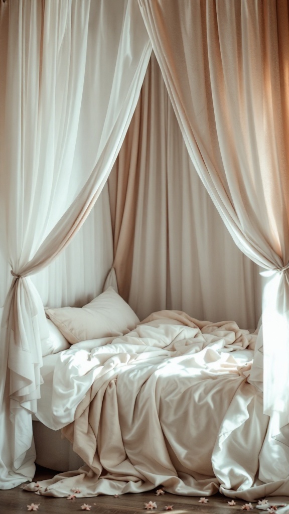 A cozy canopy bed with soft draping curtains and inviting bedding