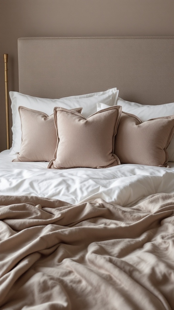 Elegant bedding with neutral tones, featuring plush pillows and a soft blanket.