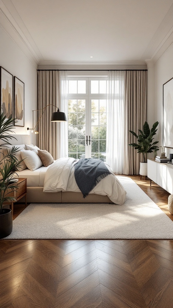 Stylish bedroom featuring herringbone wooden flooring, a plush area rug, and cozy decor.