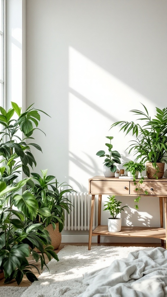 A stylish bedroom corner filled with various green plants, creating a fresh and inviting atmosphere