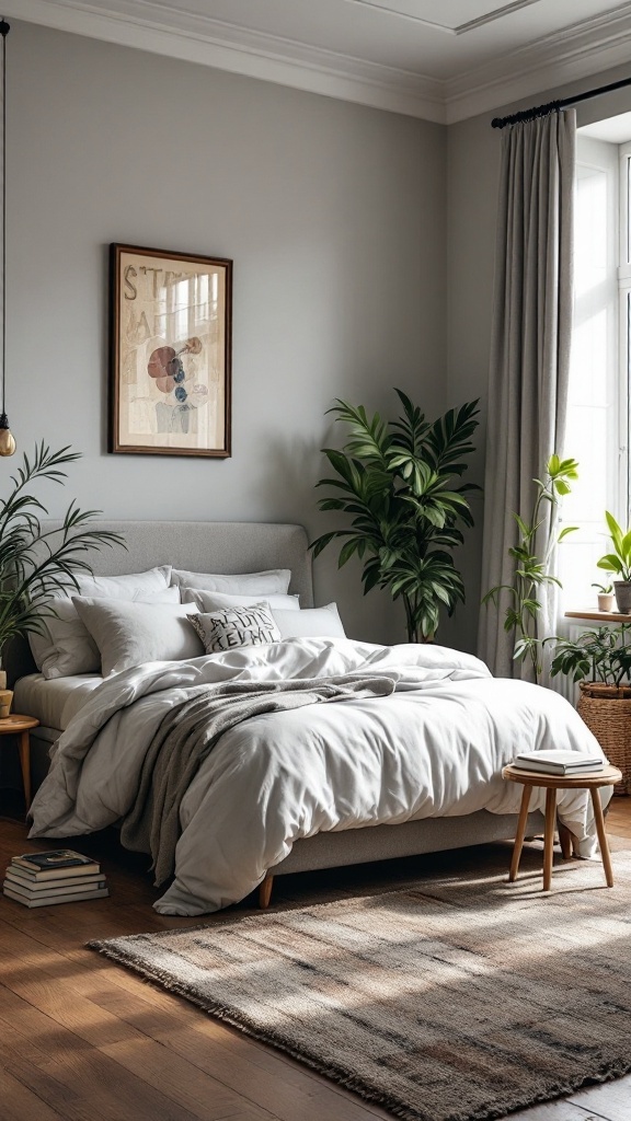 A cozy bedroom featuring vintage decor elements, plants, and a warm color palette.
